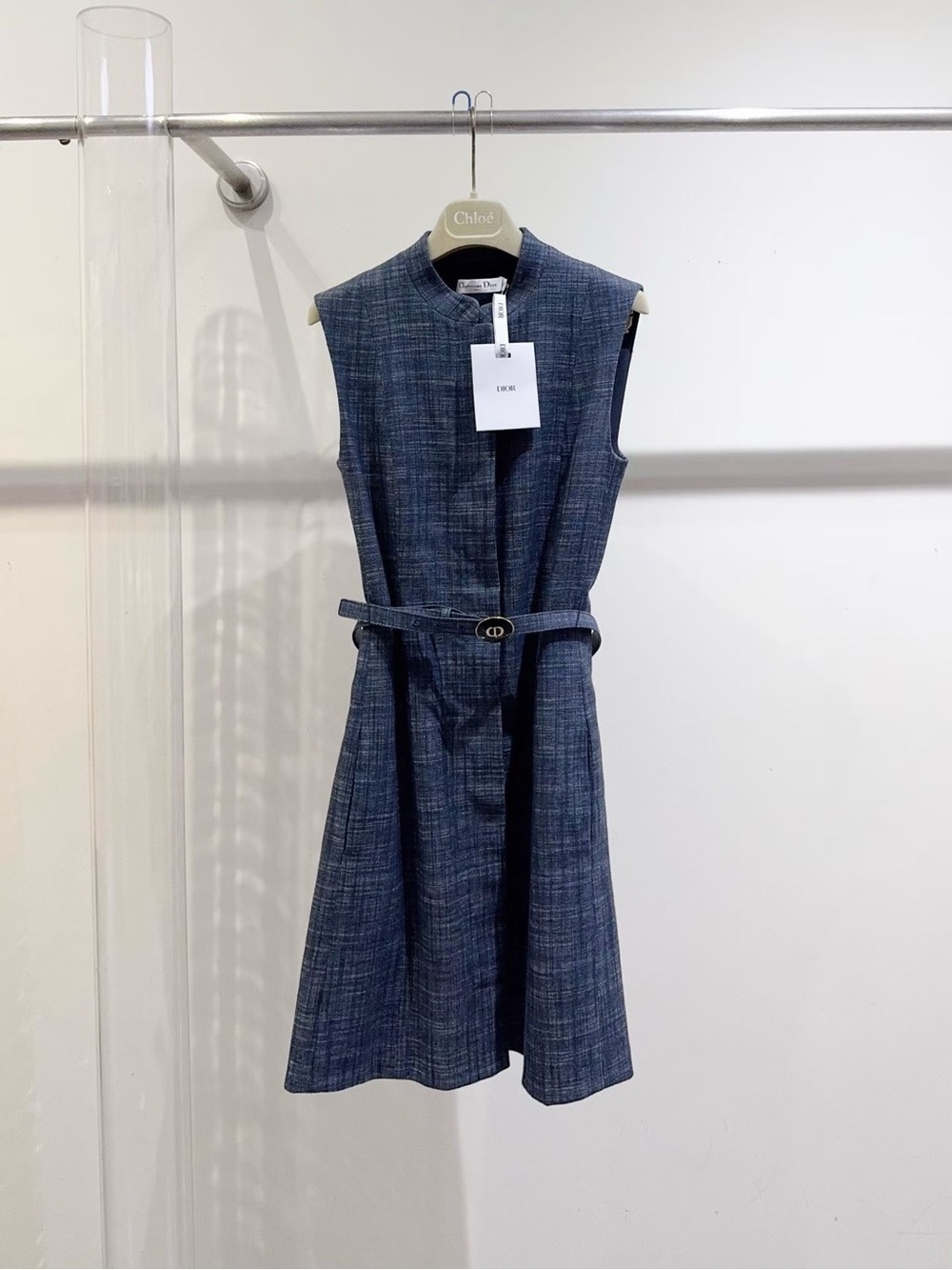Dior Navy Tweed Sleeveless Belted Dress